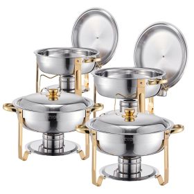 Chafing Dish Buffet Set, 5 Qt 4 Pack, Stainless Steel Chafer with 4 Full Size Pans, Round Catering Warmer Server with Lid Water Pan Folding Stand (Style: Golden, Set: 4 Pcs)